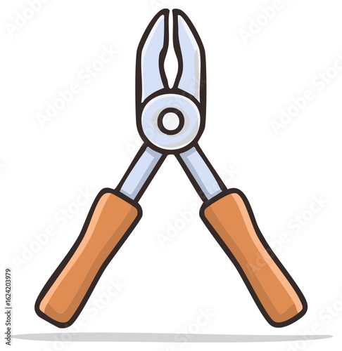 Cartoon style illustration of pliers or nippers with brown handles and metal head for construction, household, crafts or hobby use