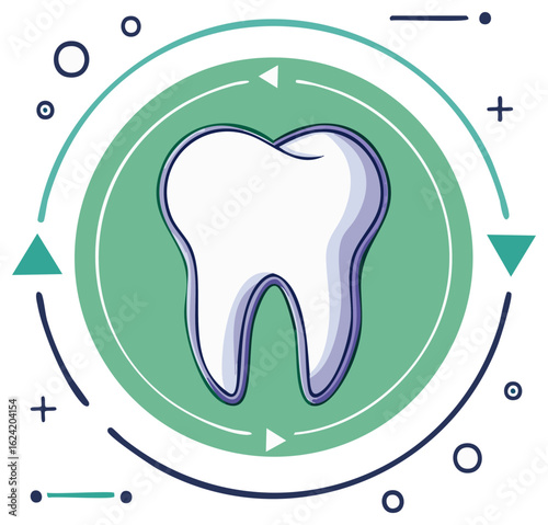Tooth surrounded by abstract shapes, dental hygiene and health concept, design element for tooth care promotional medical services, modern healthcare