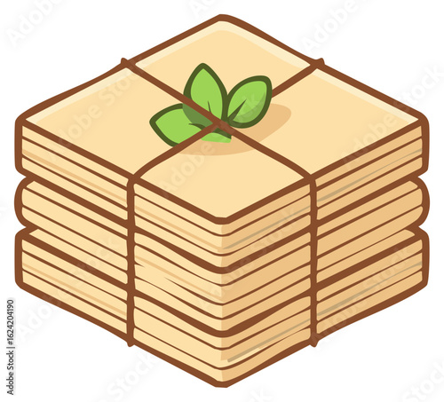 Cartoon Illustration of Fresh Tofu Blocks Tied with String and Herb Garnish