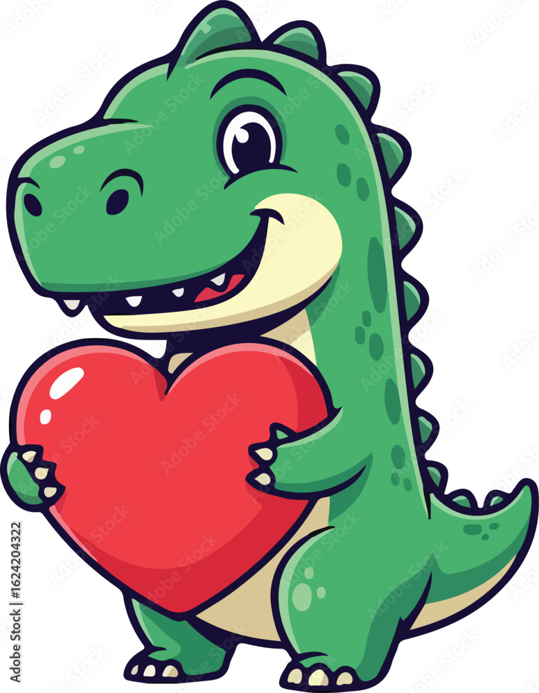 Naklejka premium A green dinosaur holding a red heart cartoon illustration