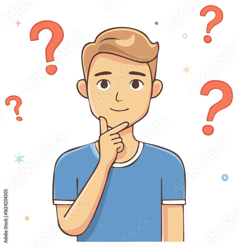 Young man character thinking about a problem surrounded by question marks pondering a solution