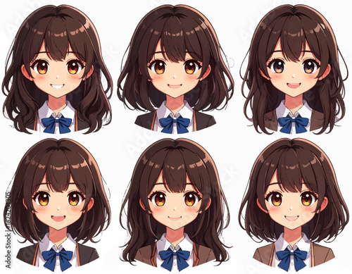 Cute anime girl character expressions set. Various expressions of anime schoolgirl. Set of anime girl character illustrations. Anime character emotions face expression set. Manga girl character faces