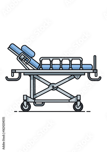 Cartoon illustration of a hospital gurney with a blue mattress raised headrest and side rails.
