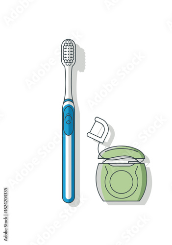 Line art illustration of a blue toothbrush and green dental floss with a pick Dental hygiene tools set.