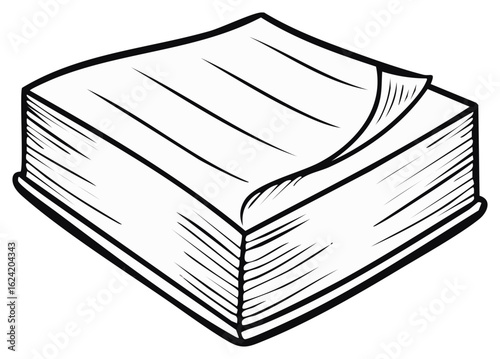Stack of White Blank Paper Sheets with Flipped Top Page Sketch Style Illustration for Office Supplies and Writing Design