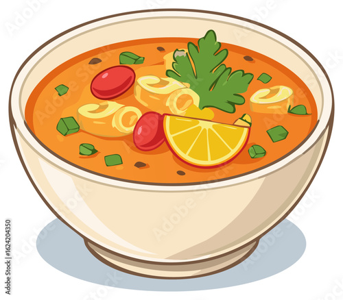 Delicious bowl of orange soup with tomatoes, lemon and herbs, illustration