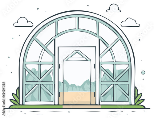 Modern arched greenhouse vector illustration with glass walls and plants inside for gardening concepts