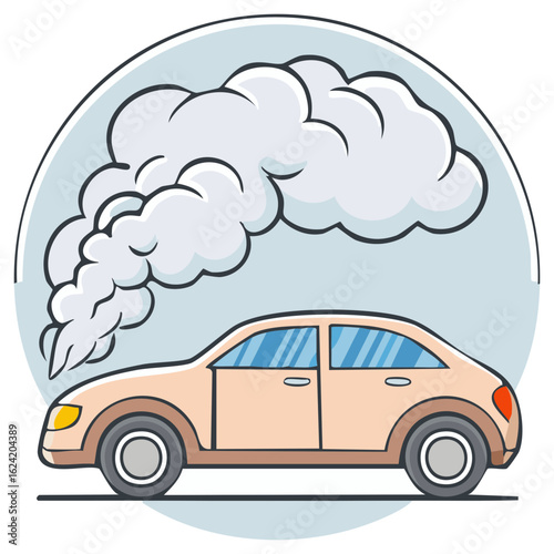 Cartoon car emitting smoke, representing pollution and environmental damage.