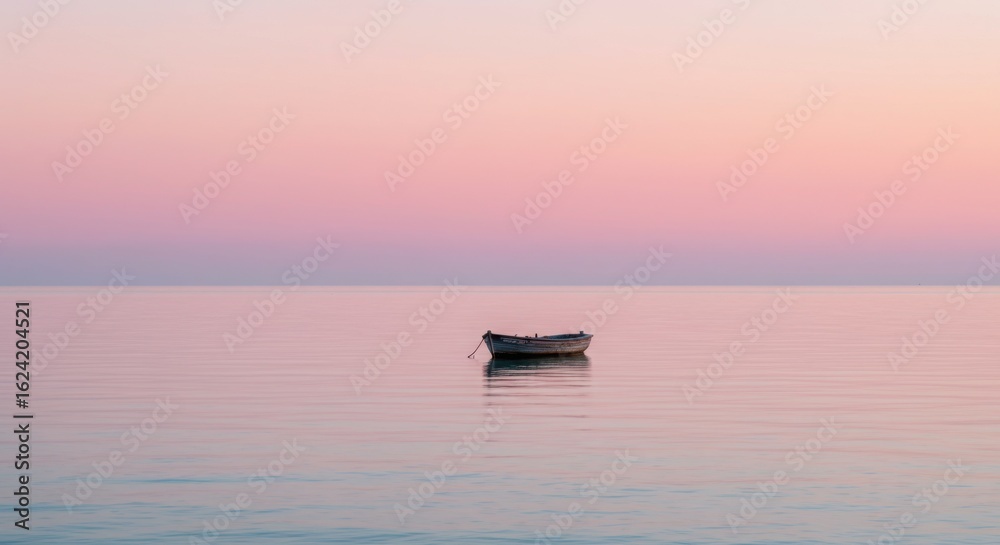 Naklejka premium Small boat alone on water under pink sunset