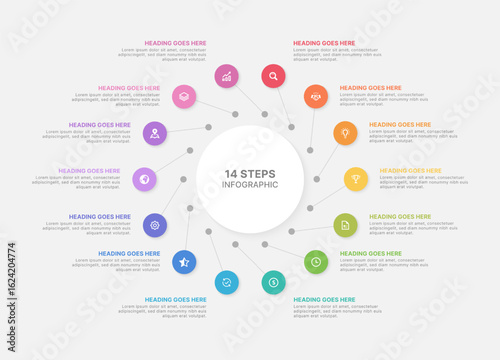 Modern Circular Cycle Infographic Design Template with 14 Data Points