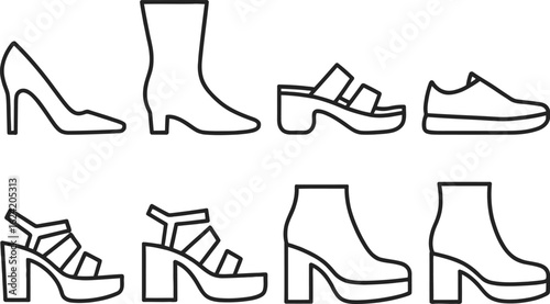 Minimalist Footwear Collection Line Art Heels, Boots, Sandals, Sneakers on White