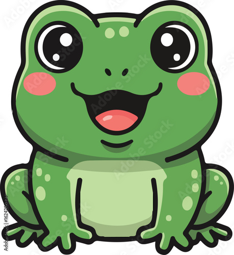 A cartoon frog with big eyes and a happy expression shown