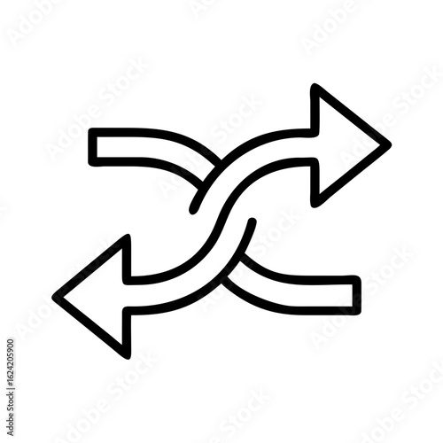 Two arrows crossing each other in a curved path pointing in opposite directions in a simple design