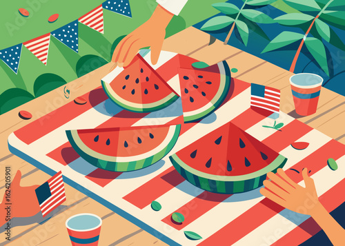 Hands serving fresh watermelon slices on a picnic table with checkered cloth, vibrant summer scene, perfect for outdoor gatherings and celebration for Labor Day