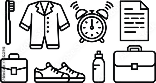 Morning Routine Icon Set Toothbrush, Suit, Alarm Clock, Shoes, Briefcase, and Bottle