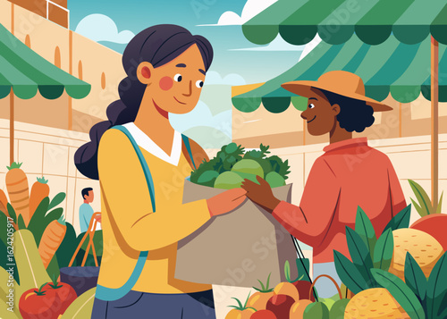 Close-up of a woman with dark hair purchasing seasonal vegetables at a vibrant farmers market, holding a reusable bag under warm daylight, showcasing local produce and community spirit