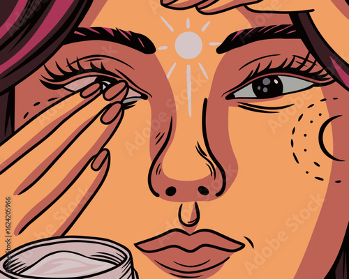 Close-up of a woman applying reef-safe sunscreen to her face, with bright overhead light reflecting off her skin, showcasing skincare routine and sun protection awareness