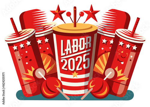 Detailed vector illustration of vibrant red plastic cups with stars, skewers on grill, ketchup and mustard bottles, perfect for festive gatherings and for Labor Day
