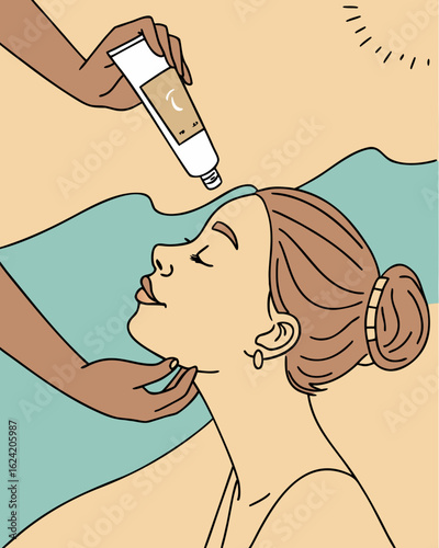 Close-up of hands applying reef-safe sunscreen to a woman's face under bright sunlight, showcasing skincare routine and sun protection awareness in a vibrant setting