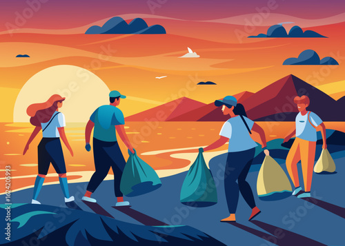 Group of travelers actively cleaning a beach at sunset, holding reusable trash bags, with gentle waves rolling in and vibrant colors illuminating the sky