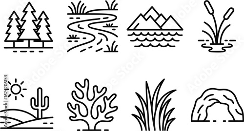 Nature landscape elements line art icon set on transparent background