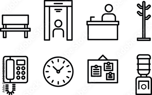 Office Reception Line Icons on Transparent Background Includes Desk, Clock, Bench