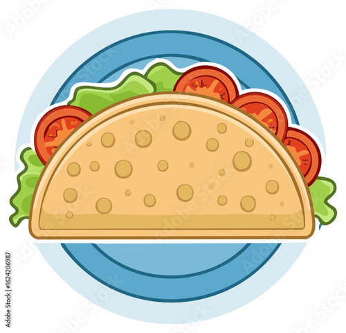 Delicious taco illustration filled with fresh tomatoes and lettuce on a light blue dish in cartoon style