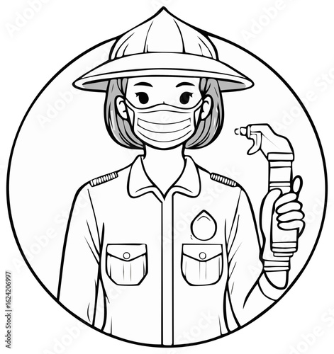 Female official in a conical hat and face mask holding a sanitizer spray bottle coloring page illustration