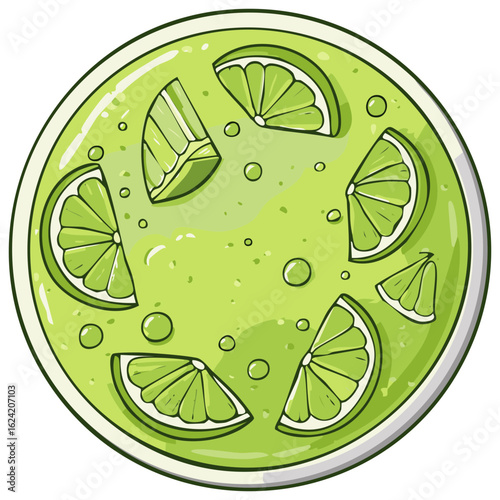 Refreshing vibrant green beverage with floating lime slices and small effervescent bubbles.