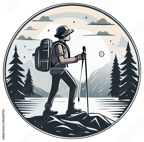 Cartoon Hiker trekking through a mountainous landscape with evergreen trees. Vector illustration adventure in the wilderness.