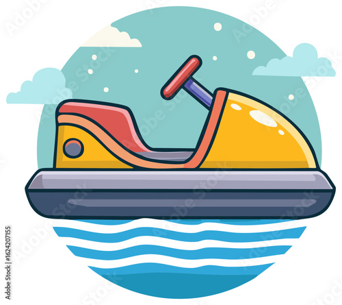 Colorful cartoon bumper boat ride floating on water under a blue sky. Amusement park vector illustration icon.