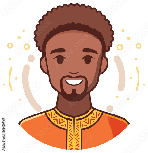 Portrait of smiling man with afro, wearing African styled orange shirt, illustration