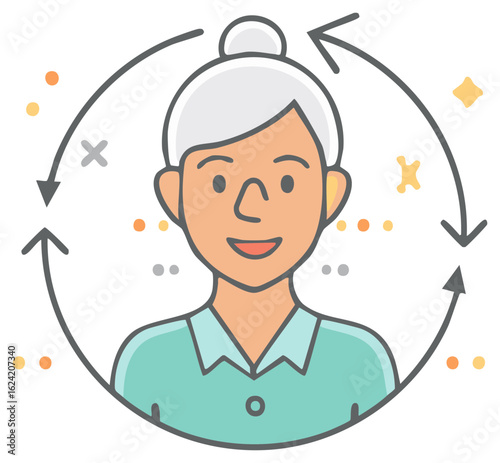 Happy senior woman with circular arrows indicating process or improvement