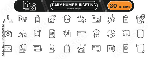 Daily Home Budgeting and Expense Tracking Line Icon Set for Household Financial Management