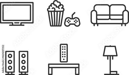 Outline Icons Of Living Room Furniture Like Television, Sofa, Popcorn, Gamepad