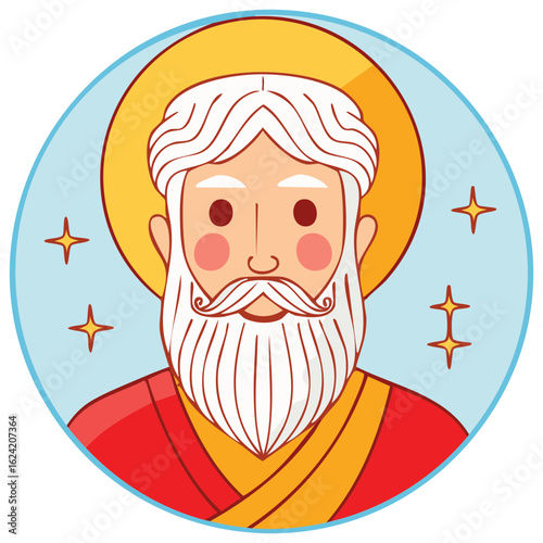 Cute cartoon illustration of a holy man with a white beard and golden halo