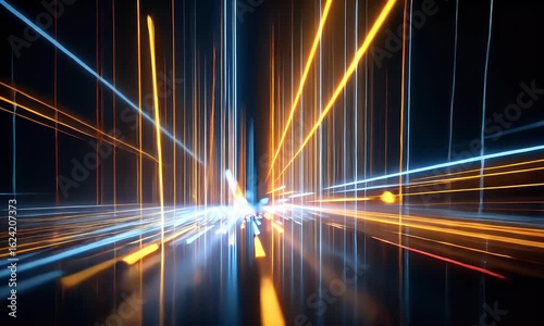 Abstract digital background with blue and orange lines of light in the shape of vertical bars, representing data transfer on a dark background.