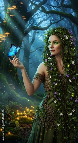 Fantasy Woman with Ivy Hair and Butterflies in Enchanted Forest –fantasy woman, Mystical Portrait