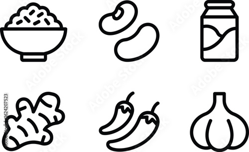 Outline Icons of Rice Bowl, Beans, Sauce, Ginger, Peppers and Garlic on Transparent