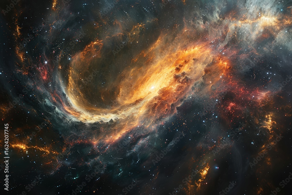 Fototapeta premium Vibrant cosmic nebula revealing swirling patterns of gas and dust gorgeously illuminated by distant stars in vast universe