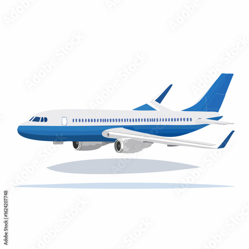 A blue and white passenger jet airplane in flight, poised for landing or takeoff.