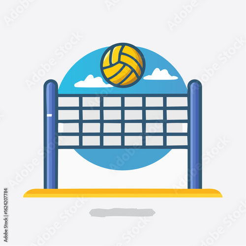 Beach volleyball net with a volleyball in the air, a stylized graphic design.