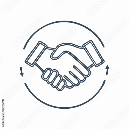 Simple line art illustration of a handshake within a circular frame.