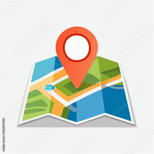 Free Download Folded map with a red location marker, showing a simplified street layout and bodies of water. - GFXLoad