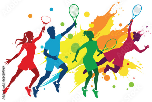 Dynamic silhouettes of tennis players in action with vibrant colorful paint splashes