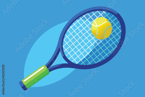 Vibrant tennis racket and ball illustration with abstract blue background and oval shape