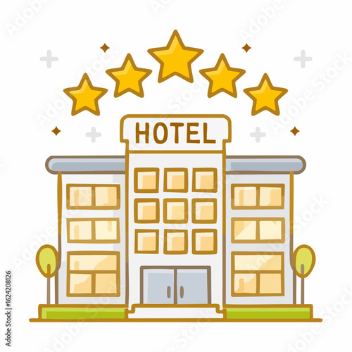 Five-star hotel building illustration, showcasing excellent service and high ratings.
