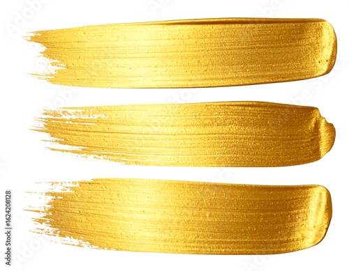 Three horizontal strokes of gold paint on white