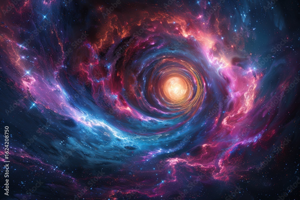 Obraz premium Captivating abstract cosmic vortex with swirling vibrant nebulae and sparkling stars illuminating infinite deep space universe