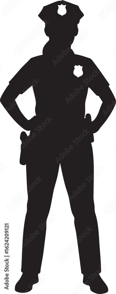 Vector Black and White Graphic of Woman Police Officer with Badge and Holster in Side View
Vector Black and White Graphic of Woman Police Officer with Badge and Holster in Side View
